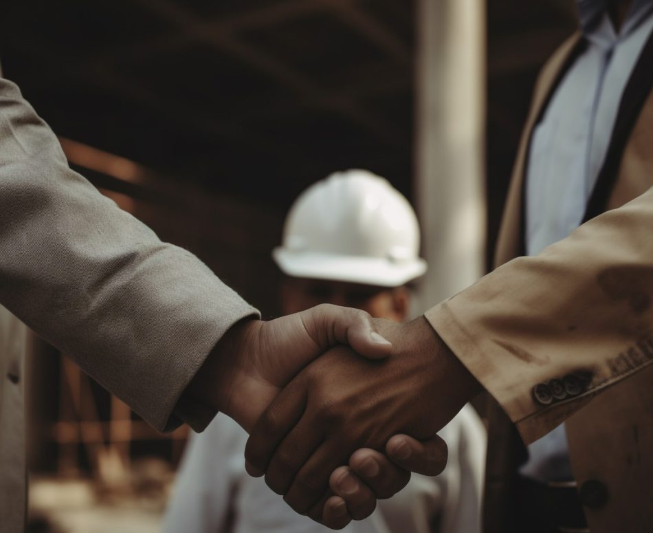 Two businessmen shake hands at a construction site, symbolizing a successful partnership and a new project
